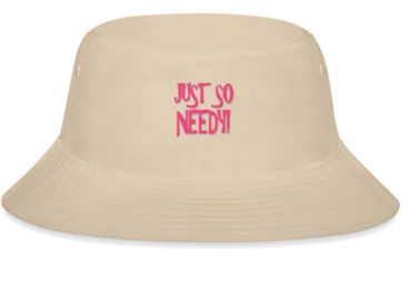 head wears Just-Say-Bucket-hat